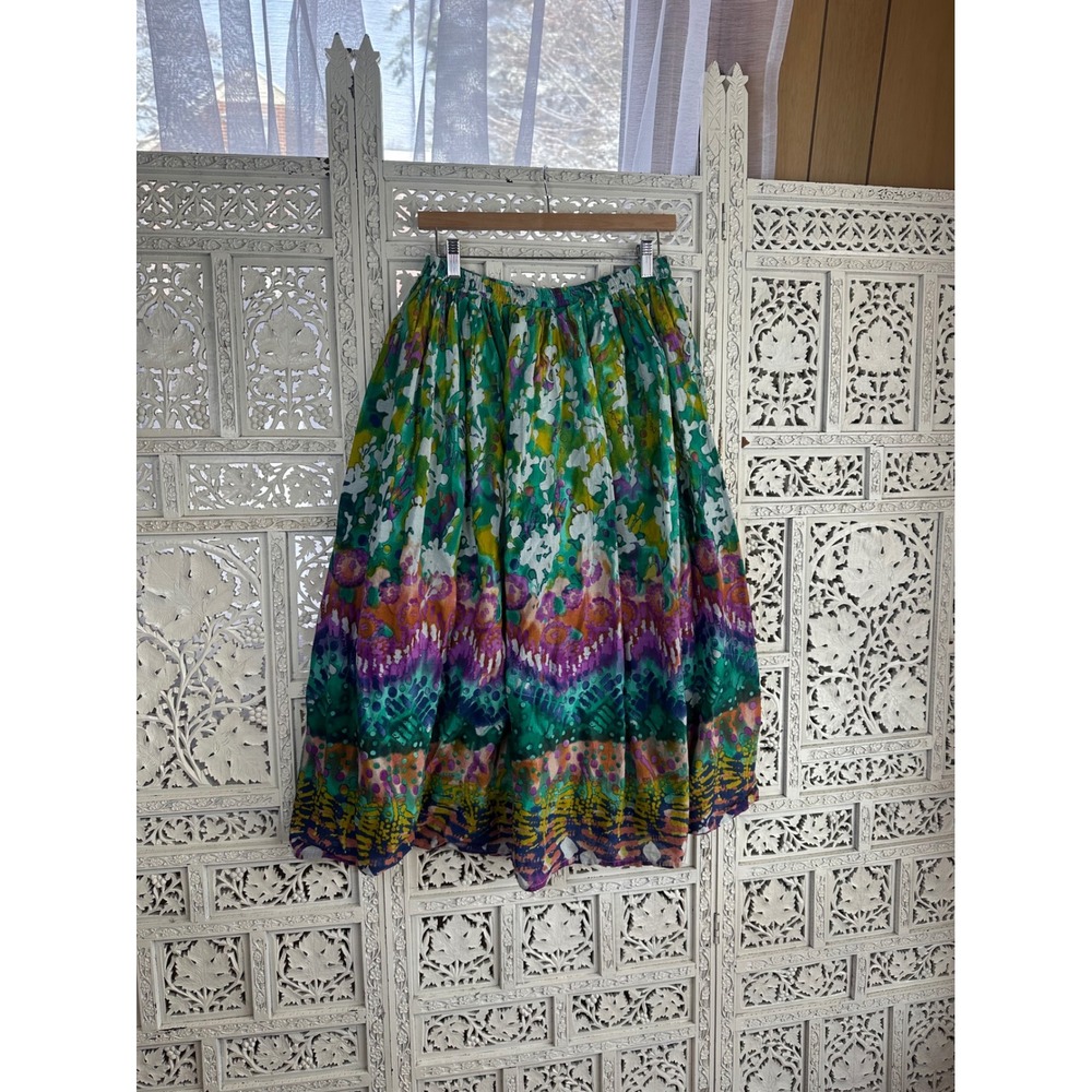 Vtg Colorful Artsy Rainbow Watercolor Flowy‎ Lined Midi Skirt Sz Medium - Picture 5 of 6